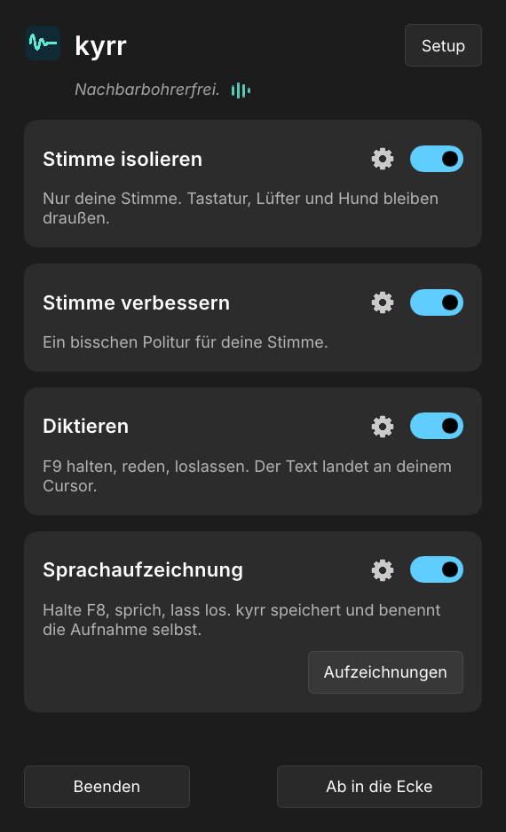 Das kyrr-Fenster: Stimme isolieren, Stimme verbessern und Diktieren, jeweils mit einem Schalter und einem Zahnrad für die Einstellungen